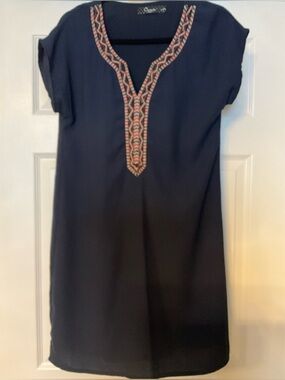 Carmínn Embroidered Navy V-Neck Women's shift dress